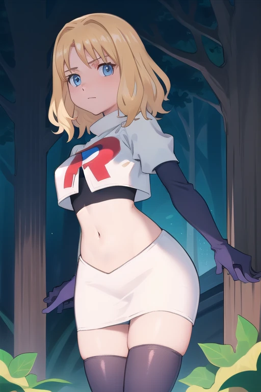 1girl, sxhelen, blonde hair, medium hair, blue eyes, team rocket,team rocket uniform,white skirt,red letter R,crop top,black thigh-highs,black elbow gloves, forest,