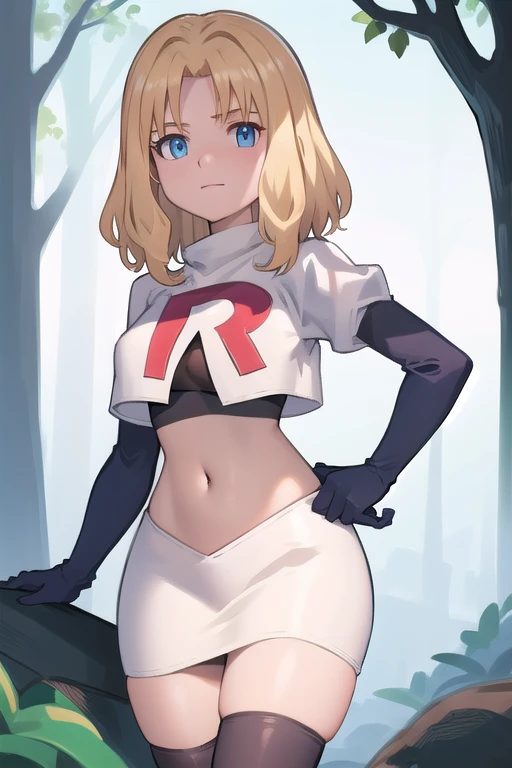 1girl, sxhelen, blonde hair, medium hair, blue eyes, team rocket,team rocket uniform,white skirt,red letter R,crop top,black thigh-highs,black elbow gloves, forest,