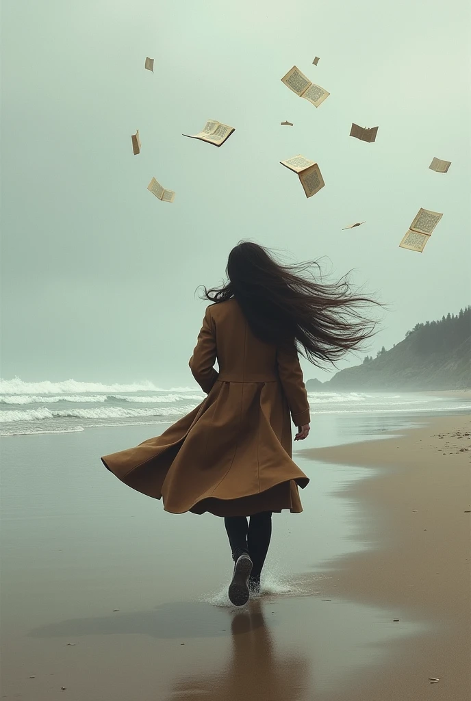 Woman with long hair in a brown long coat running in a cold beach, her back facing. Book papers everywhere in the sky
