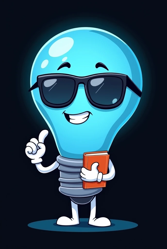 Blue cartoon light bulb with sunglasses, with white arms and legs, In his hands he has white gloves and he holds a book with 1 hand, He is thinking happily, In the background there is a flat black color., Ilustración de pet, toonix character, Cartoon vector style, dancing character, telegram label design, Black and cyan color scheme, simple cartoon style, tendency to dribble.pet.with, cold face, 2D flat vector art
