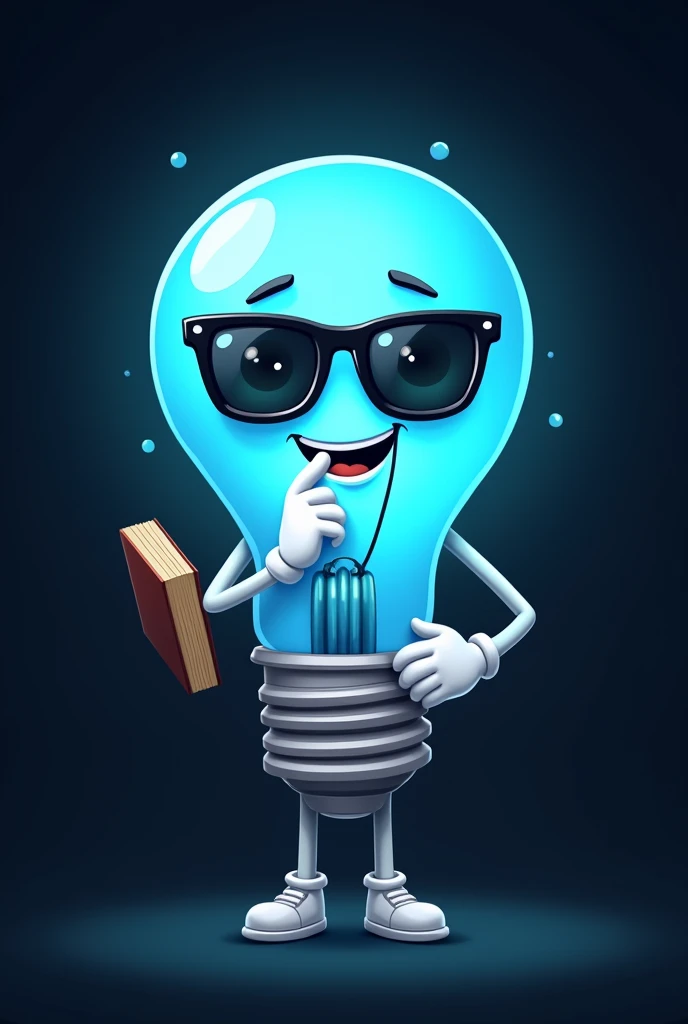 Blue cartoon light bulb with sunglasses, with white arms and legs, In his hands he has white gloves and he holds a book with 1 hand, He is thinking happily, In the background there is a flat black color., Ilustración de pet, toonix character, Cartoon vector style, dancing character, telegram label design, Black and cyan color scheme, simple cartoon style, tendency to dribble.pet.with, cold face, 2D flat vector art