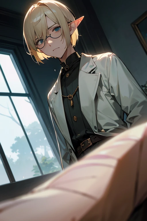 male、male性、Short Hair、Straight Bob、Blonde、Glasses、adult、adultのmale、adultの体、大柄のmale、Elf、Shining Eyes、Pride、Severe、Disgust、Irritation、Cold Blooded、A look of disappointment、Sharp Eye、intellectual、Confused eyes、Stocky build、Slender、sex appeal、Magic Mentor、Calmness、quiet、look、From below、to close range