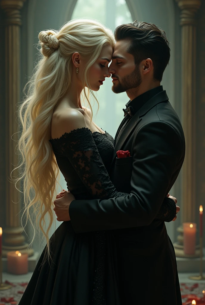 a couple, composed of a vampire, whose blonde hair falls softly down her back, He is facing away from his partner, dressed in a gothic and elegant way, His skin is pale, The man is a young dwarf, shorter than the girl, with cheerful features on his face, black hair, short beard, She is taller than him, She is 1m65 tall while the dwarf is 1m50 tall. The vampire hugs him from behind 