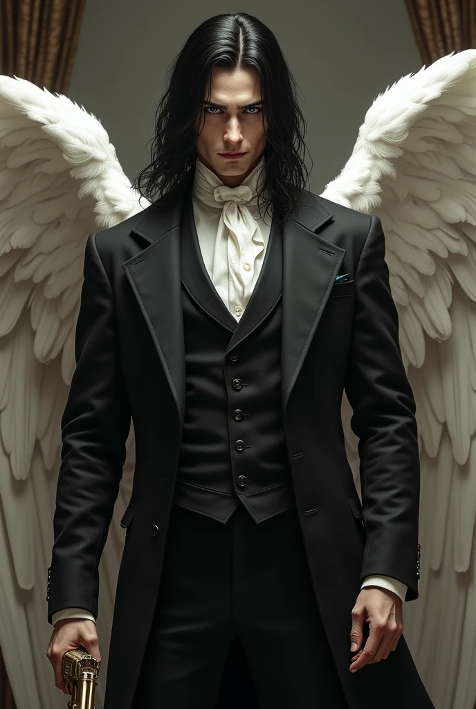 black eyes and cold,straight and long black hair,body of a deity,empty look at the powerful,naughty man,classic 19th century suit,shows the whole body,and he using a 19th century pistol,less masculine and more angelic face