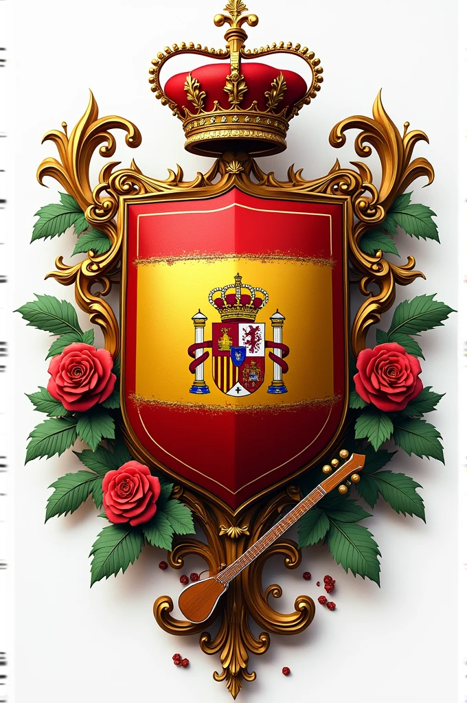 A coat of arms of the Vargas Family, with the colors of the Spanish flag, some reference to the city of Granada and a musical instrument
