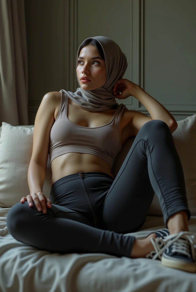 jilabab woman,lying down,wearing a tank top, tight leggings, sneakers,protruding chest