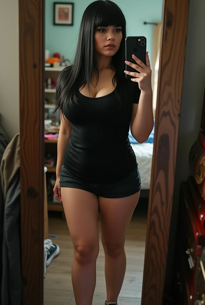Who was an image of a slim curvy girl, but with big breasts that is taking a photo in a mirror with her iPhone 10, The girl must have straight bangs above the eyebrows and very straight hair down to the waist and black., You should also have Russian volume eyelash extensions., From behind you can see his low-income and messy room., She must be dressed in shorts and a black, low-cut T-shirt., and some converse sneakers. The girl must have a confident and seductive attitude. The image must be very realistic and the aesthetics must be similar to that of the turras..