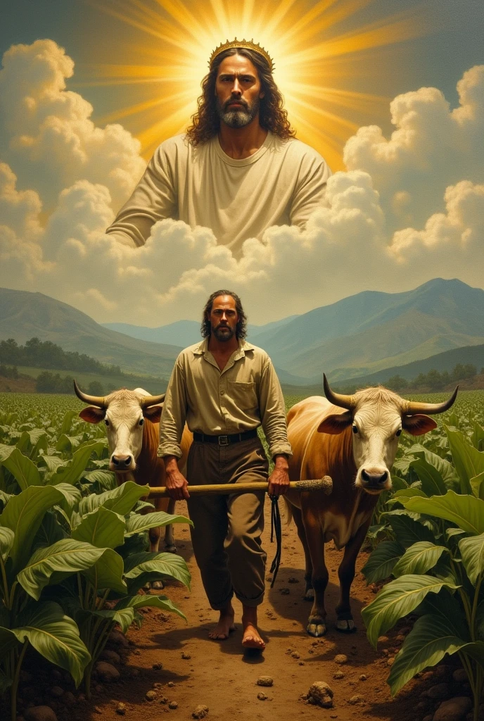Create A medieval painting of a humble peasant, tall and strong but tired, he is working in an endless field of vast, vigorous tobacco.,green and mountainous, guiding a plow through the land in front of him two large oxen. He is dressed in worn out clothes, like a linen shirt and worn pants, while holding the plow firmly. In front, the oxen are pulling the plow wildly.. In the sky above him, instead of the common sun, there is an icon of the face of Jesus Christ. Jesus is depicted as a radiant figure, with a golden halo around his head, and a majestic crown in a blessing, emanating light that illuminates the field. The scene is peaceful and serene, with warm tones of golden light, symbolizing divinity and blessing on the peasant&#39;s work.