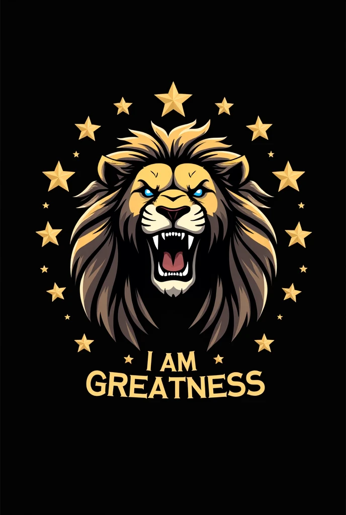 A logo with a black background, of a roaring lion, and large letters saying "I Am Greatness" around the lion, and 5 stars around the design.