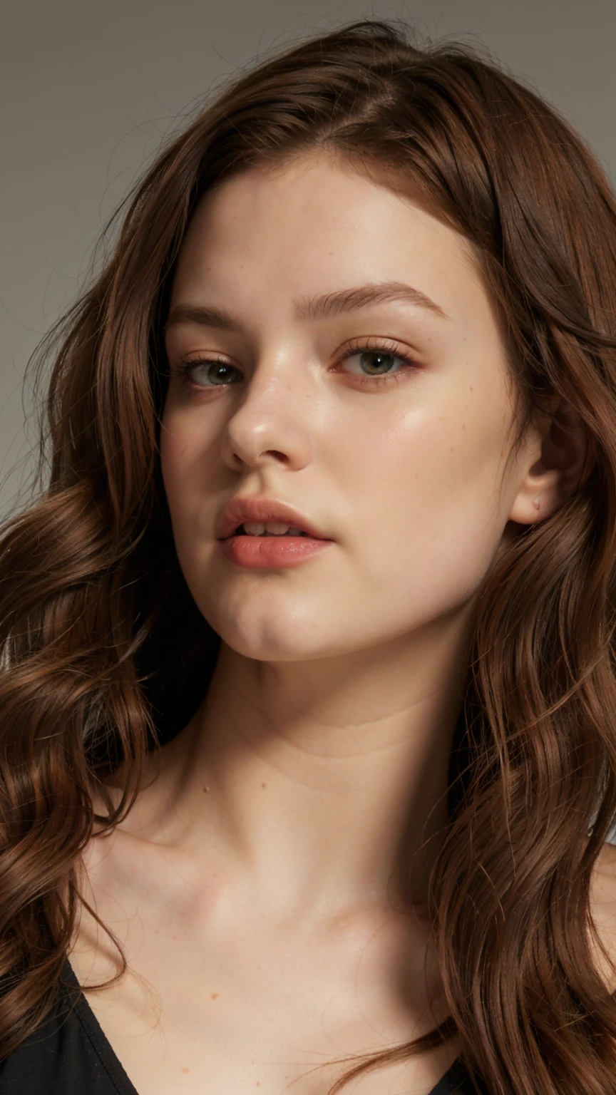 a woman with red hair and green leaves, hyper-realistic skin, shiny/glossy, modern jewelry, gongbi, portraiture, dark teal and light gold, tropical landscapes, Face portrait photo oF a 21-year-old German woman, .raw, beautiFul woman, half strawberry lips, Fossettes, nostalgic look, green eyes, great student, Large eyelashes, (Brown extra long wavy hair), ((detailed Face)), ((detailed Facial Features)), (Finely detailed skin), red skin, (Deep neckline detailing high-tech cyberpunk dress), Cyberpunk Cyberpunk big city environment, (cold colors), moist, moist, reFlections, (masterpiece) (height ratio / perfect width) (photo realist) (best quality) (detailed) Shot with Canon EOS R5, ObjectiF 50mm, F/2.8, human development report, (8k) (wallpaper) (light) (Dramatic Light) (sharp focus) (complicated)