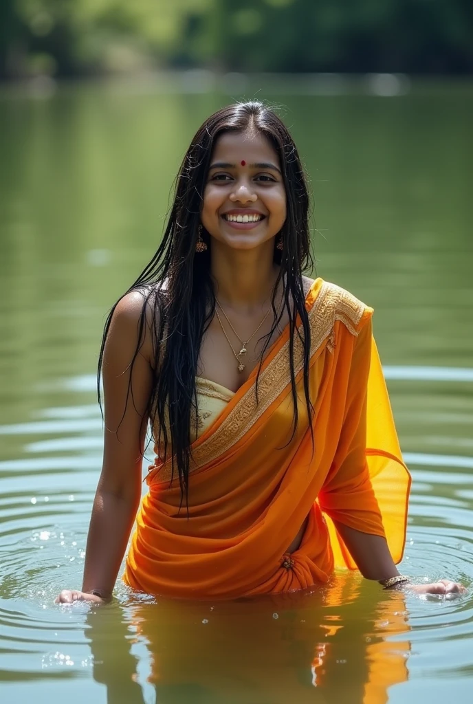 Tamil girl fallen in pond, soaked, drenched, wet clothes, saree, bra, long skirt, cute, soaked, laughing, wet skin, wet hair, dripping wet, 1girl, solo, in water up to her waist, submerged, bright sunny day, summer heat, humid, HDR, hyper realistic, intricate detailing of face, yotta-pixel image, yocto-pixel detailing, SFW
