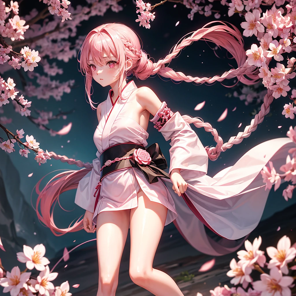 Girl, , fair skin, long pink hair braided in a ponytail, pink eyes, white yukata with open legs and sakura petals, slender, beautiful bare legs, black belt, white gloves, red sakura flowers, pink long cloak with a pattern, detailing  , perfect, red and black bracelets for legs and arms