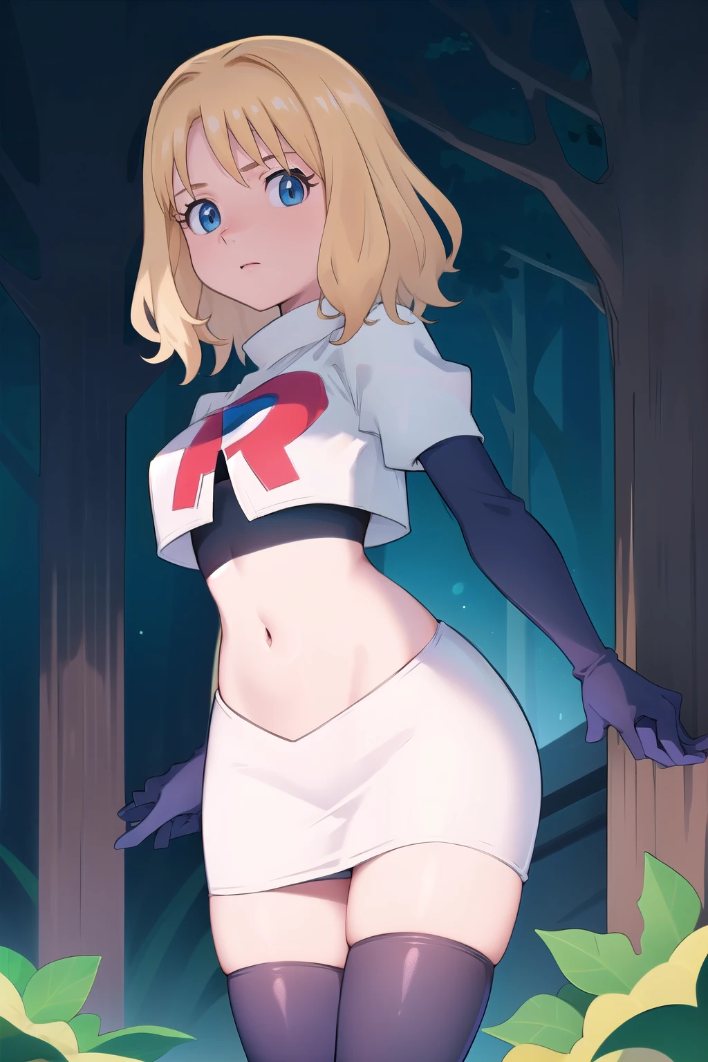 1girl, sxhelen, blonde hair, medium hair, blue eyes, team rocket,team rocket uniform,white skirt,red letter R,crop top,black thigh-highs,black elbow gloves, forest,