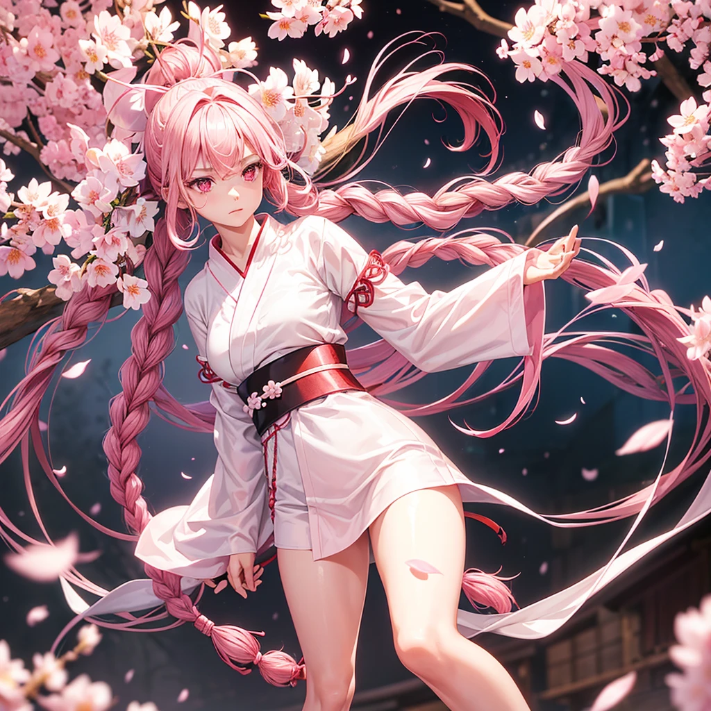 Girl, 17 years old, fair skin, long pink hair braided in a ponytail, pink eyes, white yukata with open legs and sakura petals, slender, beautiful bare legs, black belt, white gloves, red sakura flowers, pink long cloak with a pattern, detailing  , perfect, red and black bracelets for legs and arms