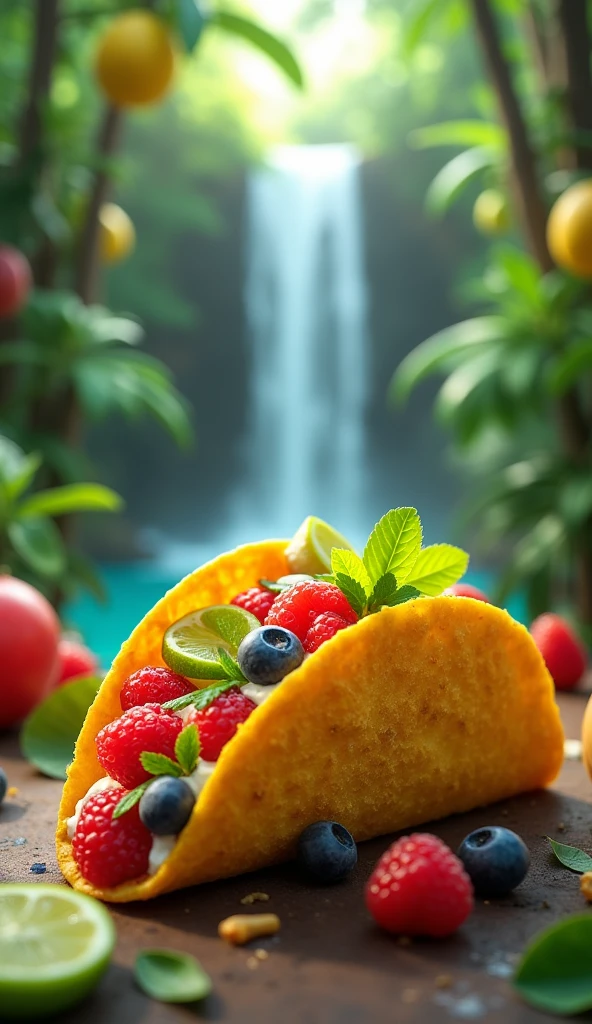 A fruity taco with tropical flavors, wrapped in a Tropicana-branded shell. Set in a lush, fantasy rainforest, with giant fruit trees and a sparkling waterfall.
