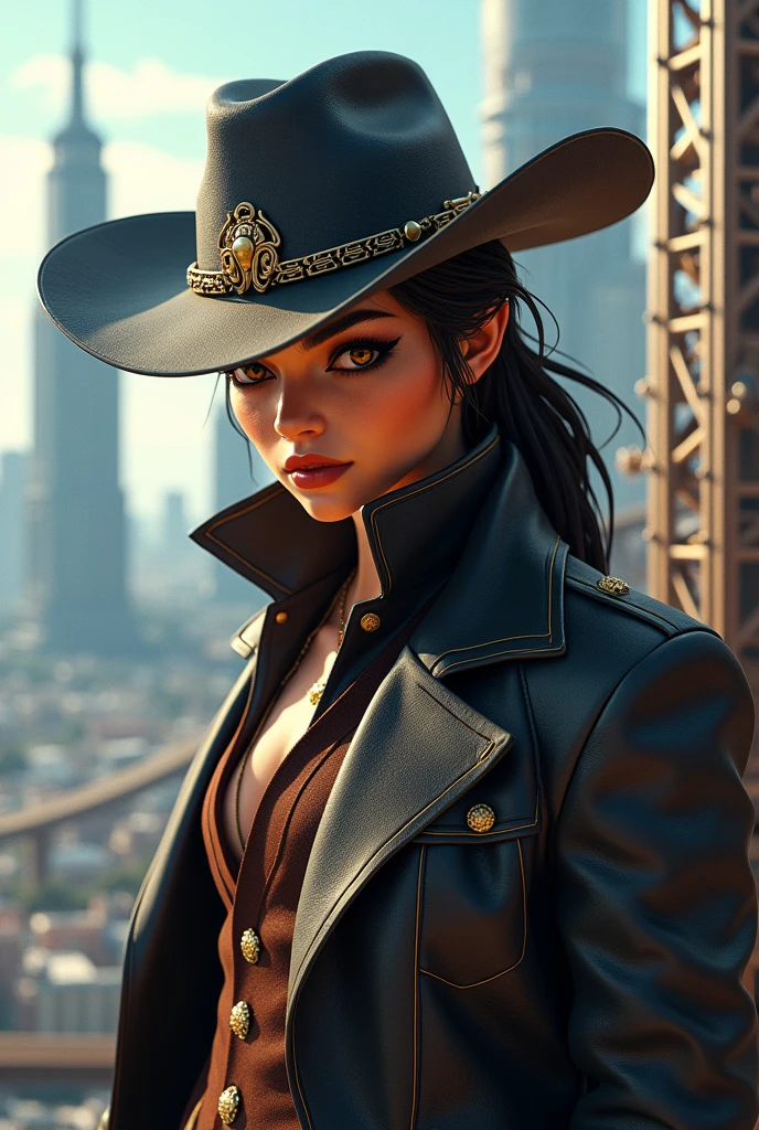 (Extremely detailed CG 8k unity wallpaper),(work of art), (best qualityer), (ultra detali), (best illustration),(Melhor ombre), cowboy shot, (Sharp Eyeliner, ombre, detailedeyes:1), city background, ,break , (estrela15escola:1.2), hair ornament, ,  