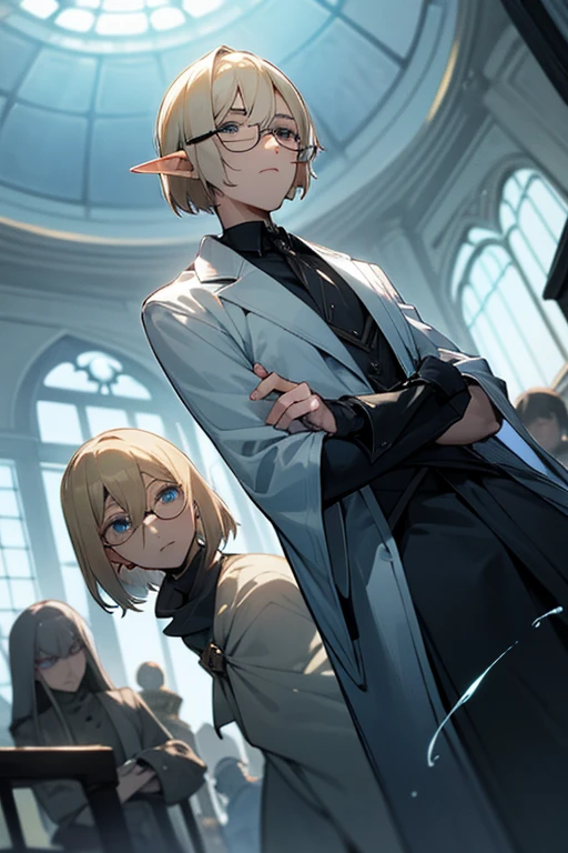male、male性、Short Hair、Straight Bob、Blonde、Glasses、adult、adultのmale、adultの体、大柄のmale、Elf、Shining Eyes、Pride、Severe、Disgust、hostility、Irritation、Cold Blooded、A look of disappointment、Sharp Eye、intellectual、Confused eyes、Stocky build、Slender、sex appeal、Magic Mentor、Calmness、quiet、look、From below、to close range