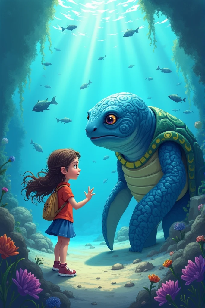 A cartoon style drawing about In the depths of the ocean, the girl meets an old Sea Guardian, a wise and serene creature. He explains that the pearl belongs to the Queen of the Sea and that its light is vital to maintaining the balance of the waters.. He points the way to the Queen's underwater palace.