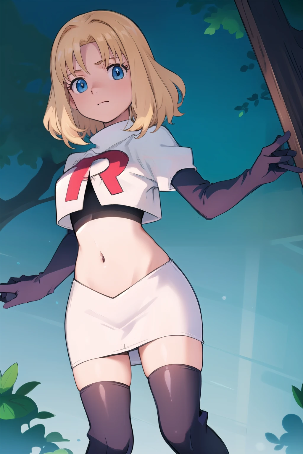 1girl, sxhelen, blonde hair, medium hair, blue eyes, team rocket,team rocket uniform,white skirt,red letter R,crop top,black thigh-highs,black elbow gloves, forest,