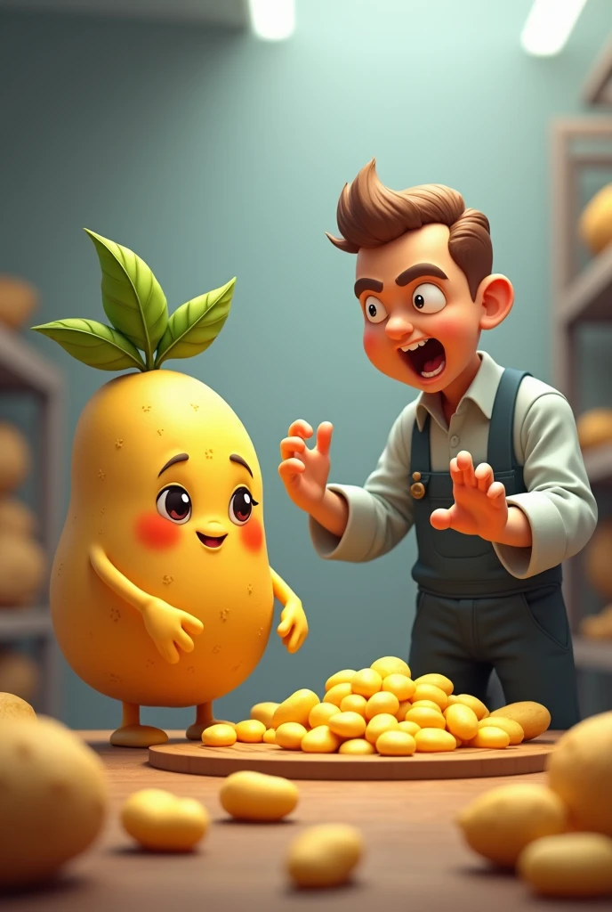 A cute potato character works in a potato factory。No background。Don't carry any luggage。A few leaves on the head。being scolded by the boss。limbs are short。