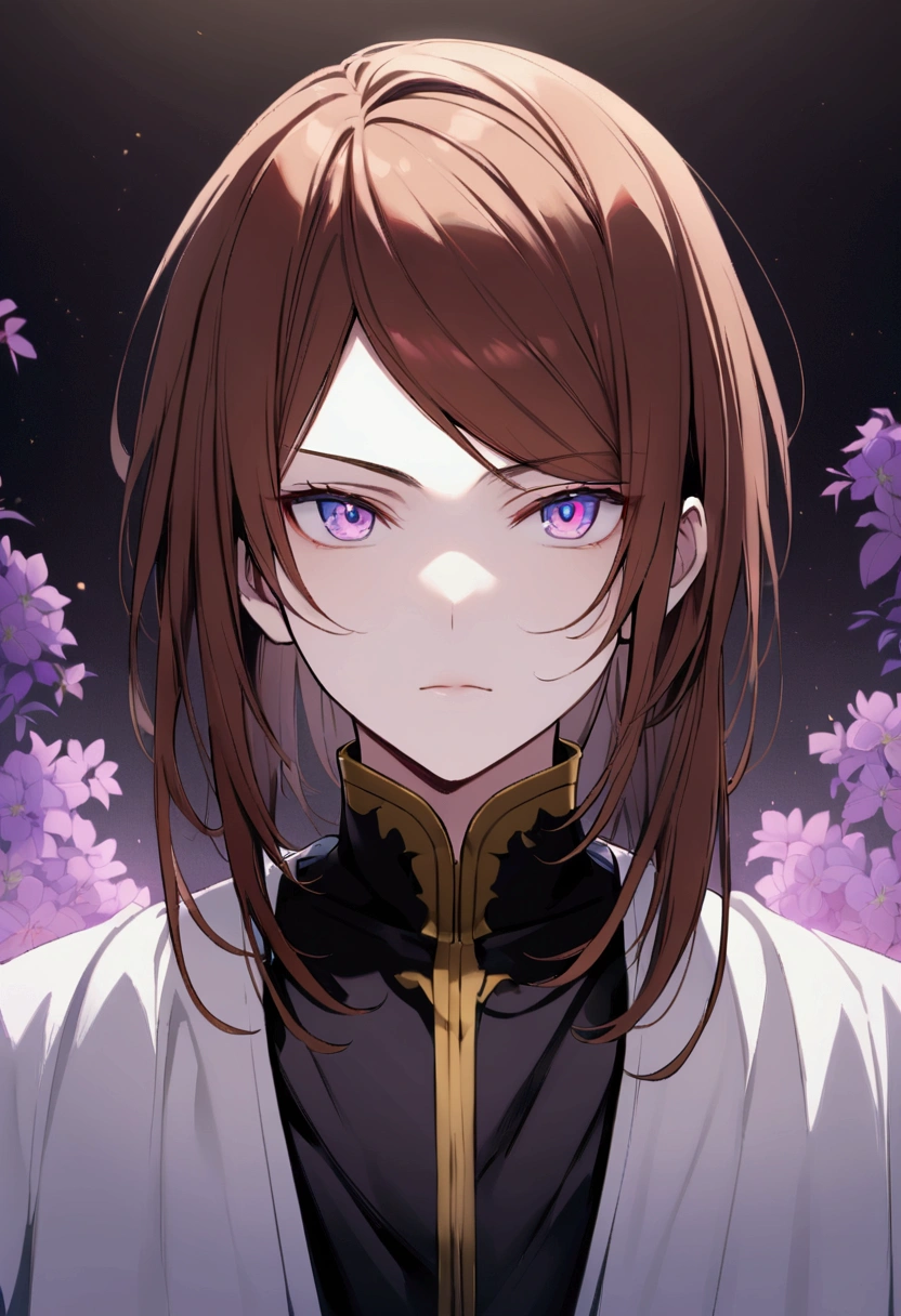 Tsukasa has reddish brown hair., smooth and medium length, V-shaped bangs covering your forehead and side bangs. He has fair skin and lilac eyes.. He is of average height and build.