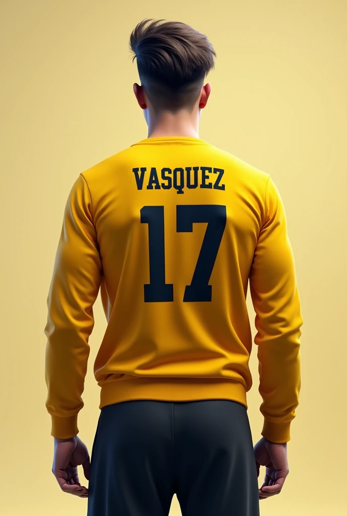 Tall young man with his back turned wearing a yellow long-sleeved sports sweater with the number 17 and the surname "vasquez" and with the sleeve rolled up to the elbows