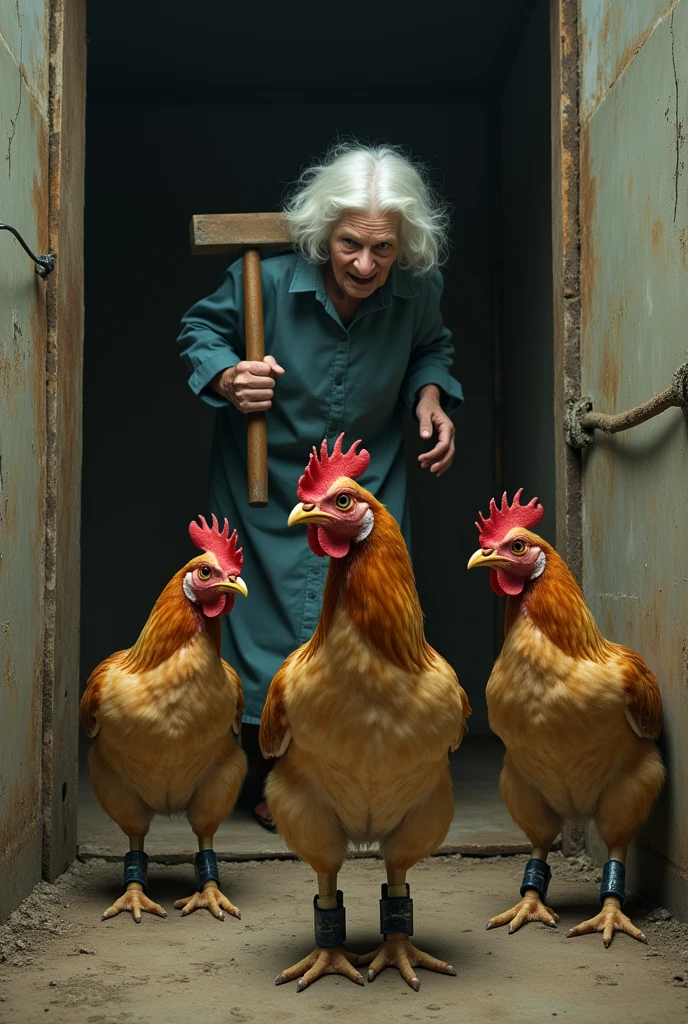 3 chickens in a henhouse. Chickens wearing electronic ankle bracelets. The chickens are very afraid of being beaten by a short grandmother with white hair and a club in her hand.