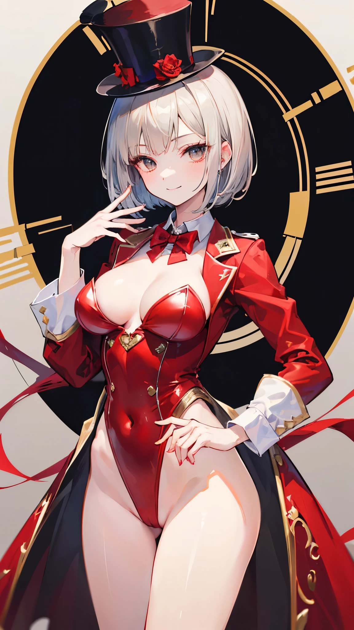 ((masterpiece、Highest quality、Very detailed))、One girl、Gray Hair、bob cut、White eyes、evil smile、Moderate breasts、((Top Hat))、((red tuxedo:1.3))、((red highleg leotard))、Cowboy Shot、Spotlight、casino