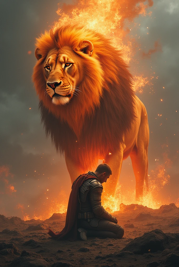 Soldier praying and lion with mane of fire behind 