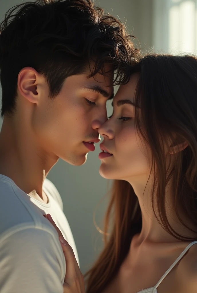 Make a tall boy with dark hair, dark brown eyes, white skin and a woman with white skin, brown hair and brown eyes with a striking eyebrow and chewy nose and straight hair. Make both of them try their sexual moment in realism.