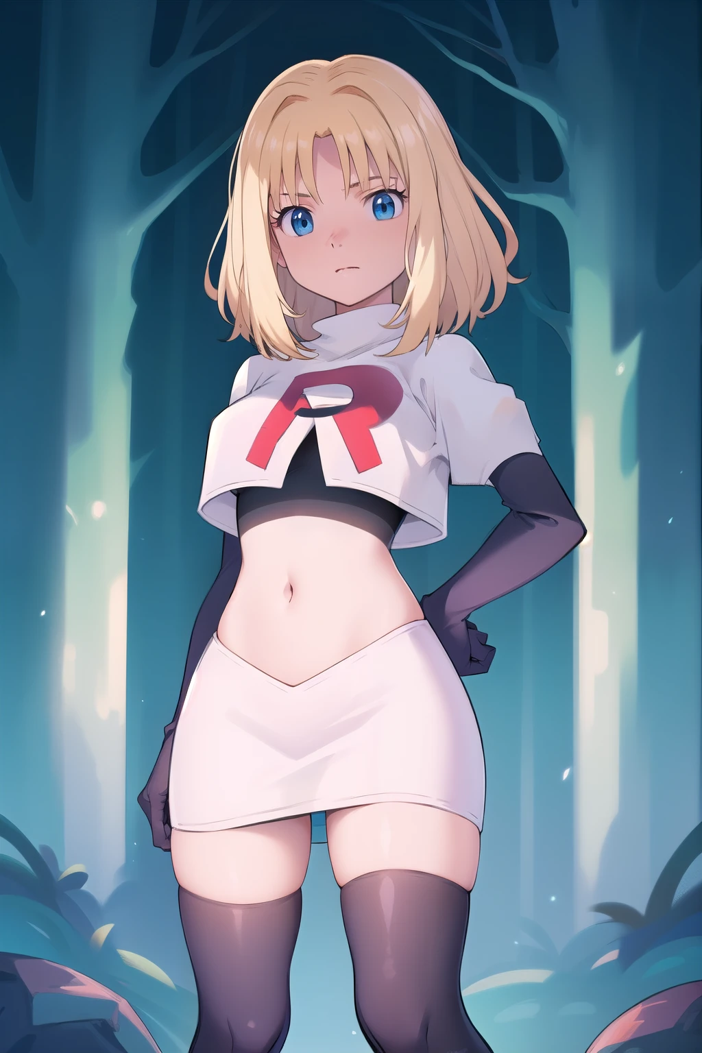 1girl, sxhelen, blonde hair, medium hair, blue eyes, team rocket,team rocket uniform,white skirt,red letter R,crop top,black thigh-highs,black elbow gloves, forest,