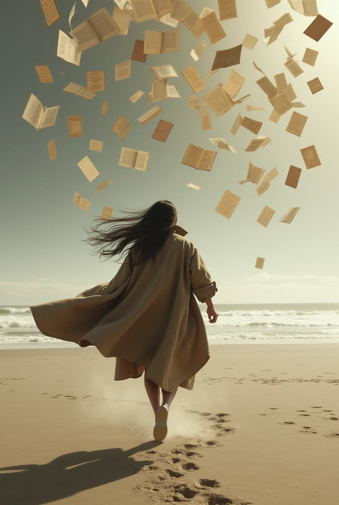 Woman with long hair in a brown long oversized coat running in a cold beach, her back facing a little bit far away. Lots of book papers everywhere in the sky
