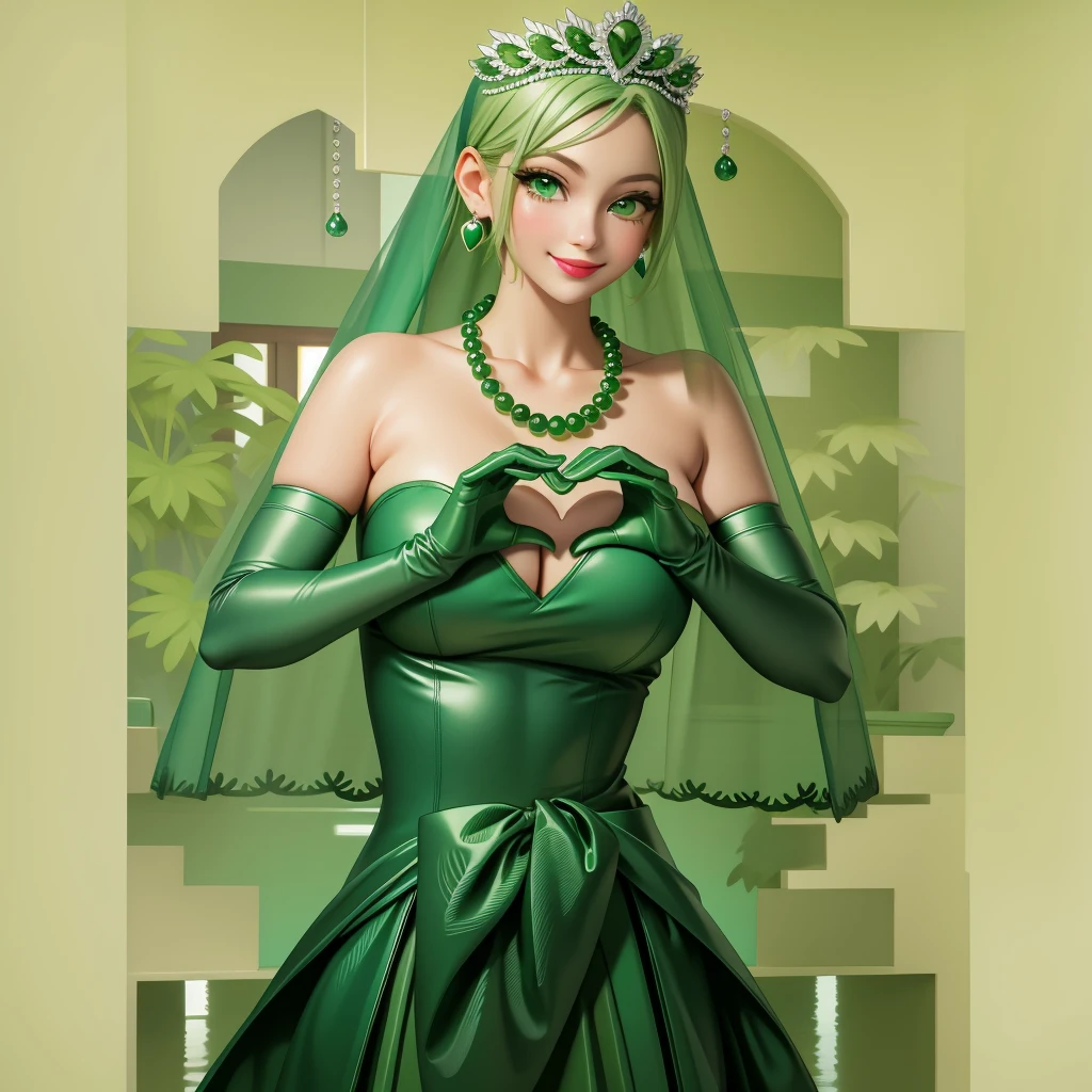 Emerald tiara, Green Pearl Necklace, ボーイッシュな非常に短いGreen Hair, Green Lips, Smiling Japanese woman, Very short hair, Busty beautiful lady, Green Eyes, Green satin long gloves, Green Eyes, Emerald Earrings, Green veil, Heart with both hands, Green Hair, Beautiful Japanese Women, Heart shaped hands:1.3, green lip gloss