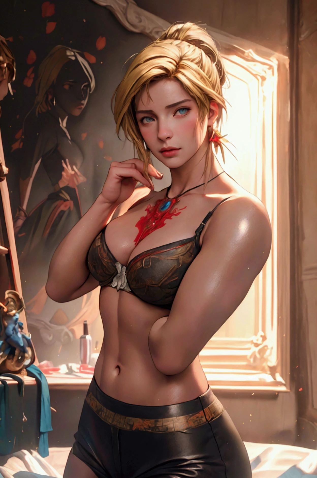 A hyper realistic photo in cyberpunk style with vivid and attractive colors, A blonde woman with a sexy and defined body, ela tem seios médios e está usando uma lingerie pequena e vermelha de tecido leve e fino, accompanied by her husband and her friend, threesome, uma mulher e dois homens, The three have an air of passion for the situation and enjoy provoking, She is very excited and her breasts are showing., the two men are standing and shirtless, men have defined and muscular bodies, she is kneeling between them, With his hands cuffed behind her back, in the background of the image is your room, a little out of focus, digital painting style image, sharp focus, illustration art by greg rutkowski, nsfw, (melhor qualidade,4K,8K, alta resolução,obra de arte:1.2), (melhor qualidade,4K,8K, alta resolução,obra de arte:1.2),Ultra-detalhado,(realista,photorealista,photo-realista:1.37),HDR,iluminação de estúdio,rosto e corpo extremamente detalhados, Retrato,iluminação cinematográfica,iluminação dramática,tons de cores quentes,cores dramáticas, Semente 13021530.