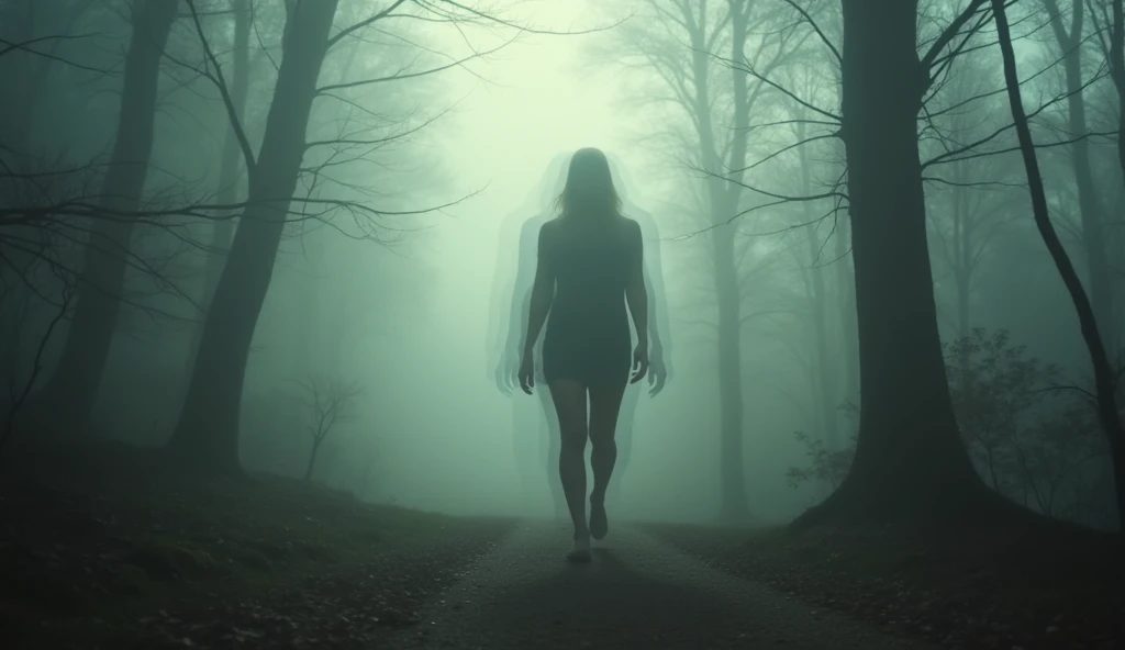 Surrealist photo of a person, with fragmented transparent body layers, walking through a misty forest, full body framing, ethereal woodland setting, diffused lighting with light rays filtering through trees, shot from a low angle, on a medium format digital camera with soft focus lens, in the style of Gregory Crewdson