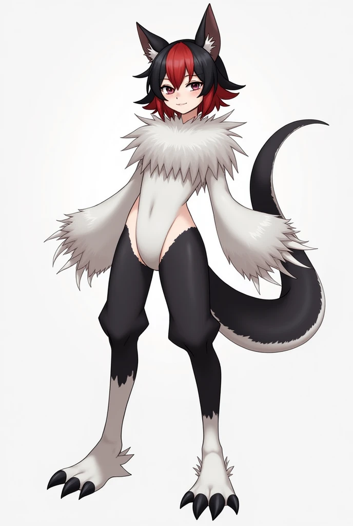 Solo, score_9,score_8_up,score_7_up, kemono style,  a young nerdy Anthro furry wolf woman, wolf snout, white furry body, tall, long black messy hair, black hair, hair in a pony tail, hair covering one eye, white wolf tail, blue eyes, white wolf ears, white wolf tail, small breasts, naked, feet paws, 4 toes, plantigrade, pouting, side view, standing