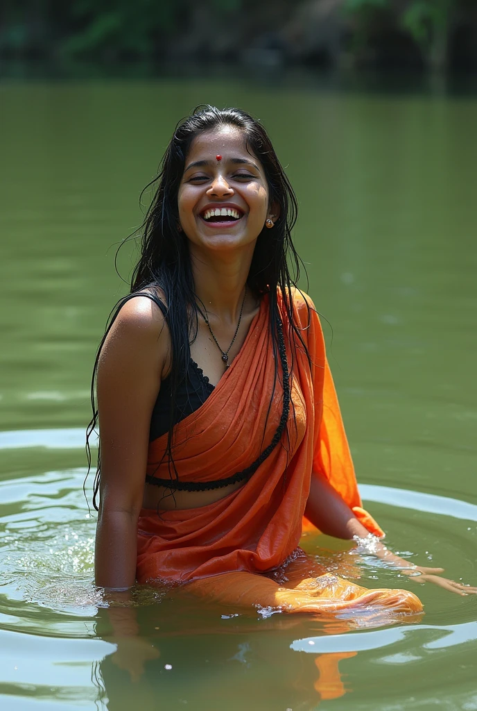 Tamil girl fallen in pond, soaked, drenched, wet clothes, saree, blouse, big medium size boob , long skirt, cute, soaked, laughing, wet skin, wet hair, dripping wet, 1girl, solo, in water up to her waist, submerged, bright sunny day, summer heat, humid, HDR, hyper realistic, intricate detailing of face, yotta-pixel image, yocto-pixel detailing, SFW