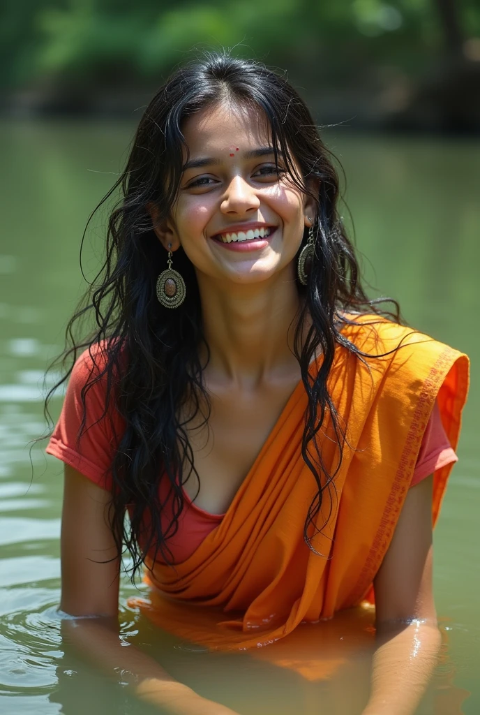 Tamil girl fallen in pond, soaked, drenched, wet clothes, saree, blouse, big medium size boob , long skirt, cute, soaked, laughing, wet skin, wet hair, dripping wet, 1girl, solo, in water up to her waist, submerged, bright sunny day, summer heat, humid, HDR, hyper realistic, intricate detailing of face, yotta-pixel image, yocto-pixel detailing, SFW