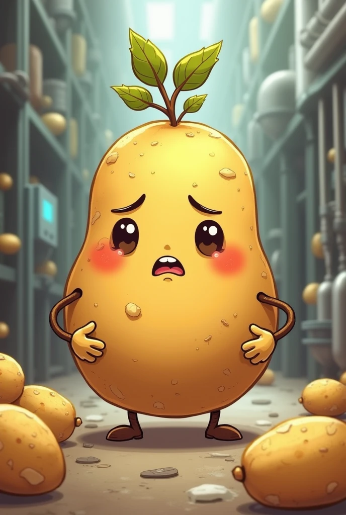 A cute potato character works in a potato factory。No background。Don't carry any luggage。A few leaves on the head。Troubled face。