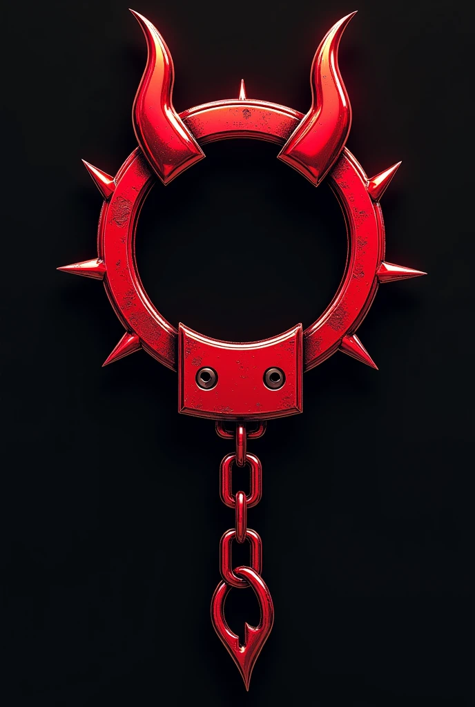 (logo design) evil logo, a sexual striking red handcuff, adorned with sharp, menacing demon horns, and a sinuous chain tail extending from the base, dynamic and bold, emphasizing a dark theme, glossy finish, high-resolution, creating an impression of malevolence and power. No background. 