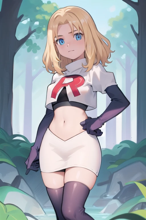 1girl, sxhelen, blonde hair, medium hair, blue eyes, team rocket,team rocket uniform,white skirt,red letter R,crop top,black thigh-highs,black elbow gloves, forest,