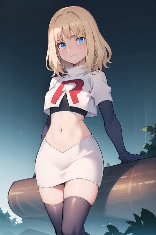 1girl, sxhelen, blonde hair, medium hair, blue eyes, team rocket,team rocket uniform,white skirt,red letter R,crop top,black thigh-highs,black elbow gloves, forest,