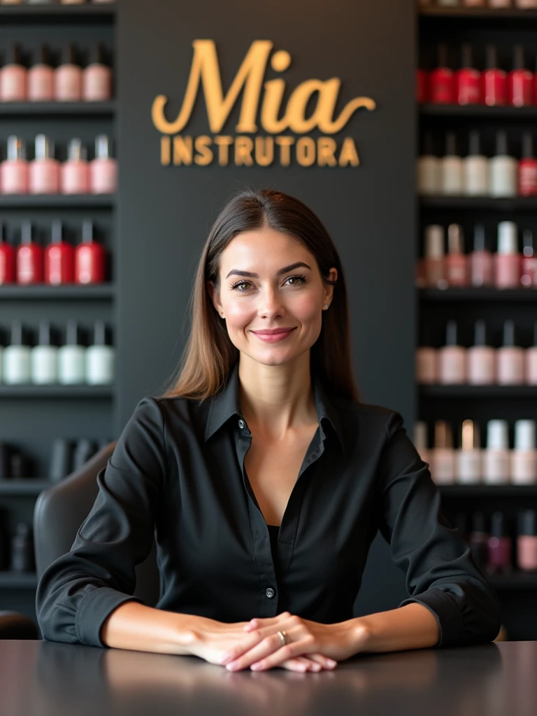 {
  "size": "1024x1024",
  "prompt": "A sophisticated and elegant female manicure instructor sitting on an executive chair, facing the camera directly. She has a composed and confident expression, with both hands placed gracefully on a table in front of her. The background features a stylish salon room with shelves full of nail polishes in various colors. The ambiance is professional and chic, with a logo behind her that reads 'Mia Instrutora' in modern, elegant lettering."
}