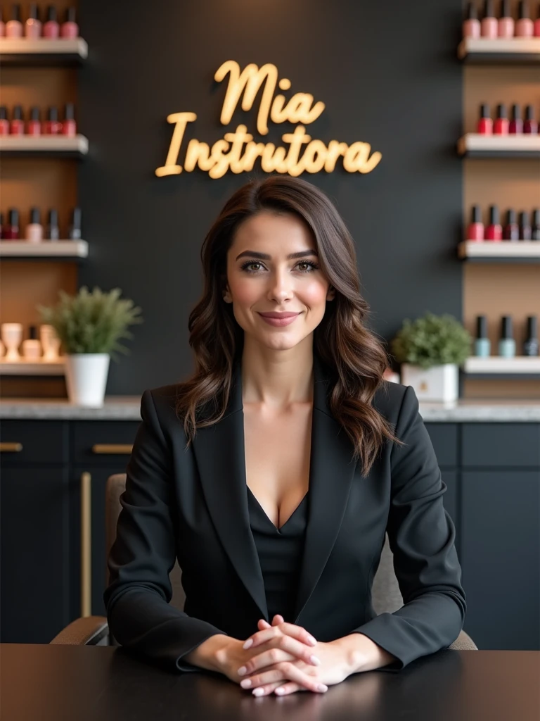 {
"size": "1024x1024",
"prompt": "A sophisticated and elegant female manicure instructor sitting on an executive chair, facing the camera directly. She has a composed and confident expression, with both hands placed gracefully on a table in front of her. The background features a stylish salon room with shelves full of nail polishes in various colors. The ambiance is professional and chic, with a logo behind her that reads 'Mia Instrutora' in modern, elegant lettering."
}
