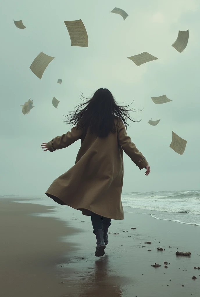 Woman with long hair in a brown long oversized coat running in a COLD beach, her back facing a little bit far away. Lots of book papers everywhere in the sky
