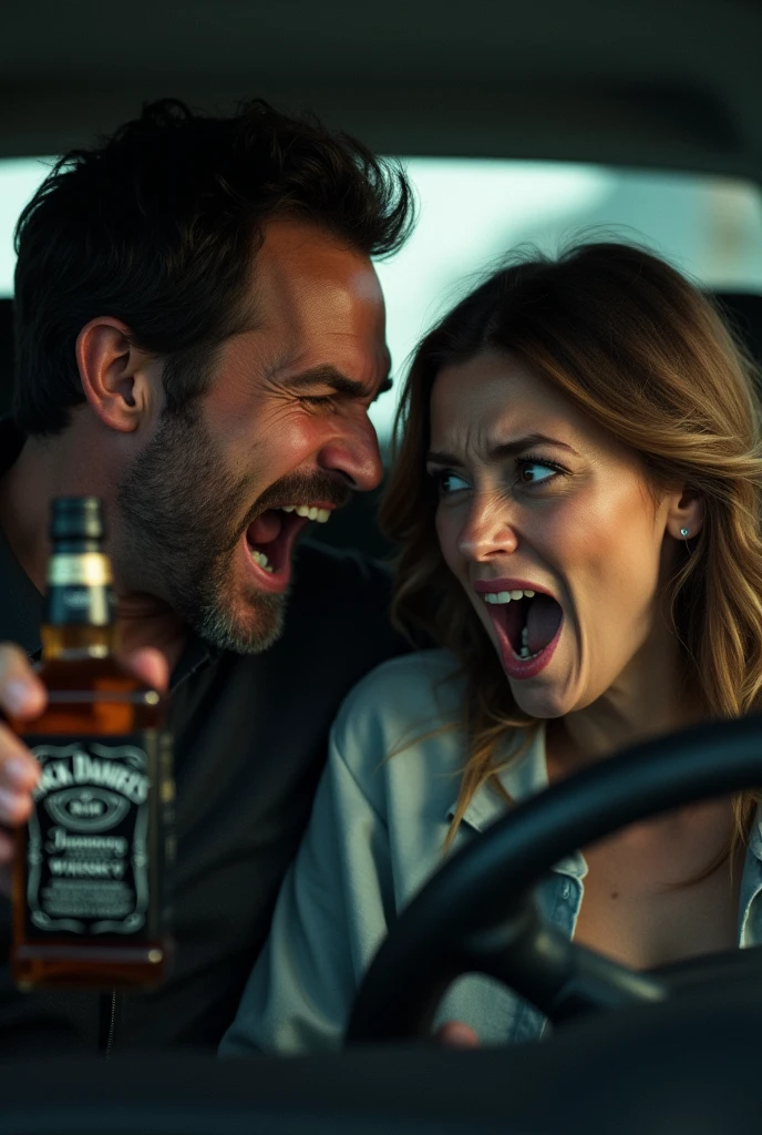 driving, jack daniels bottles, angry man, scared wife