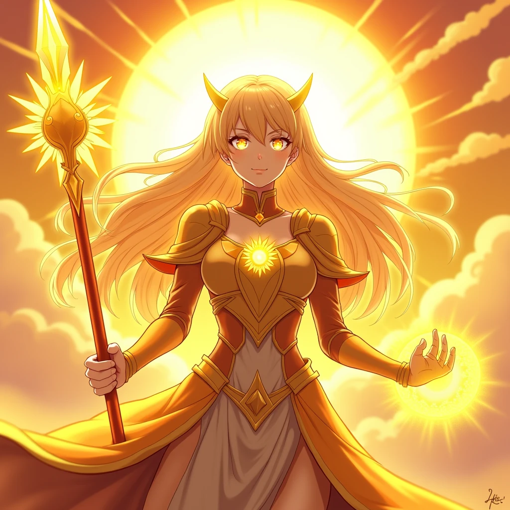 Create an anime-style character named Solara, the "Guardian of the Sun," embodying the essence of solar power and divine radiance. Solara should exude an aura of warmth and light, with an ethereal presence that reflects her role as the protector of the sun. Her expression should be confident and serene, with glowing golden eyes that radiate sunlight, symbolizing her connection to the sun. Design her with long, flowing hair resembling molten gold, cascading down her back in glowing waves, with a radiant, almost ethereal quality. Her outfit should be a mix of armor and flowing in shades of gold, amber, and fiery orange, adorned with intricate sun motifs and glowing edges, symbolizing her connection to the solar realm. She wields a staff or sword that appears to be forged from pure sunlight, with a sun-shaped crest radiating beams of light. Pose Solara in a powerful, commanding stance, with one hand raised as if summoning the power of the sun, while the other grips her radiant weapon. The background should depict a glowing, sunlit sky with rays of light streaming down, a prominent sun behind her casting a radiant halo, and golden clouds and sunbeams emphasizing her celestial nature. The shot should be dynamic, with a slightly low angle to emphasize her dominfocusing on her upper body and face, with high detail and resolution capturing the intricate designs and radiant light effects. The overall color palette should be warm, with rich golds, fiery oranges, and soft yellows, inspired by epic fantasy anime, creating a grand and awe-inspiring depiction of Solara as the majestic Guardian of the Sun.