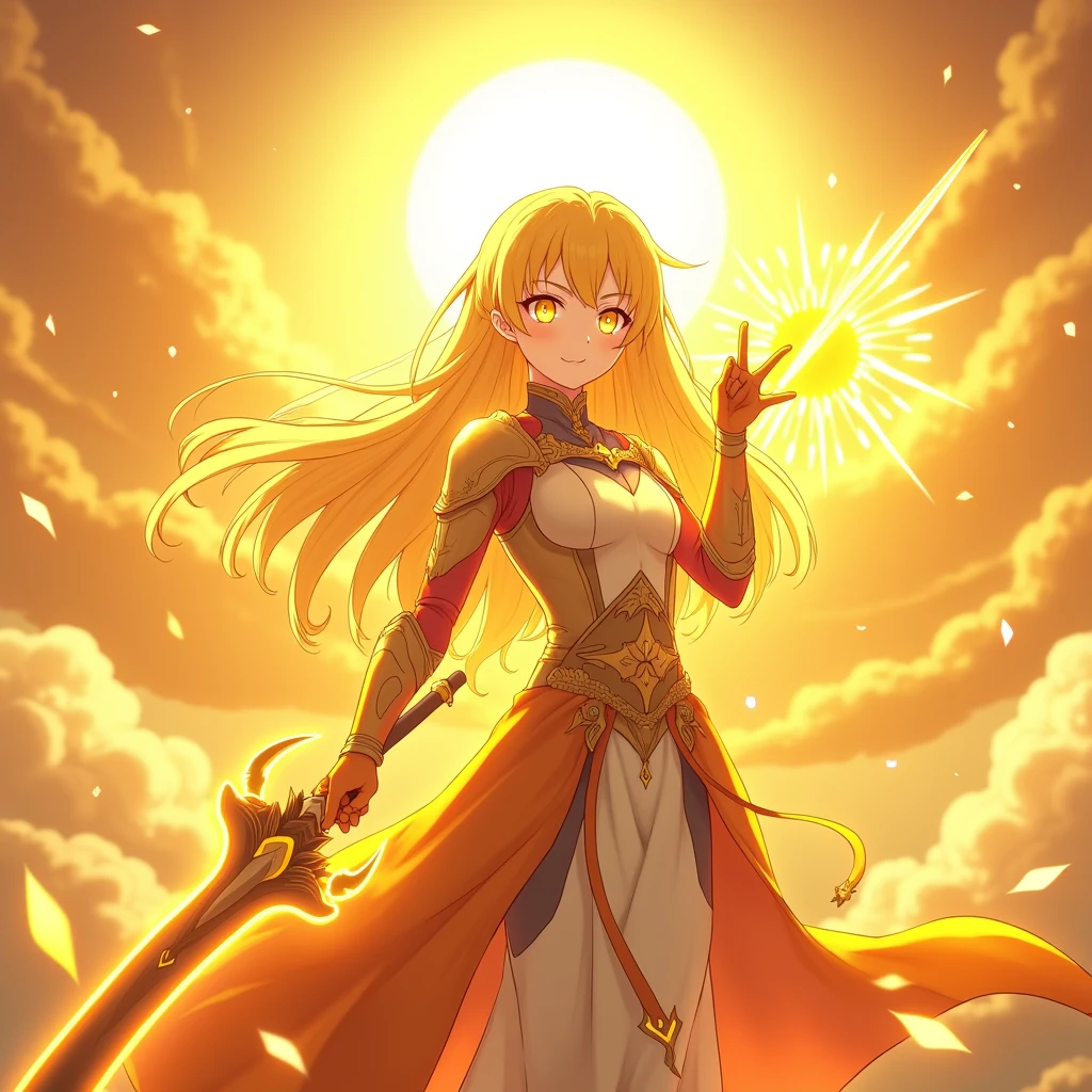 Create an anime-style character named Solara, the "Guardian of the Sun," embodying the essence of solar power and divine radiance. Solara should exude an aura of warmth and light, with an ethereal presence that reflects her role as the protector of the sun. Her expression should be confident and serene, with glowing golden eyes that radiate sunlight, symbolizing her connection to the sun. Design her with long, flowing hair resembling molten gold, cascading down her back in glowing waves, with a radiant, almost ethereal quality. Her outfit should be a mix of armor and flowing robes in shades of gold, amber, and fiery orange, adorned with intricate sun motifs and glowing edges, symbolizing her connection to the solar realm. She wields a staff or sword that appears to be forged from pure sunlight, with a sun-shaped crest radiating beams of light. Pose Solara in a powerful, commanding stance, with one hand raised as if summoning the power of the sun, while the other grips her radiant weapon. The background should depict a glowing, sunlit sky with rays of light streaming down, a prominent sun behind her casting a radiant halo, and golden clouds and sunbeams emphasizing her celestial nature. The shot should be dynamic, with a slightly low angle to emphasize her dominance, focusing on her upper body and face, with high detail and resolution capturing the intricate designs and radiant light effects. The overall color palette should be warm, with rich golds, fiery oranges, and soft yellows, inspired by epic fantasy anime, creating a grand and awe-inspiring depiction of Solara as the majestic Guardian of the Sun.