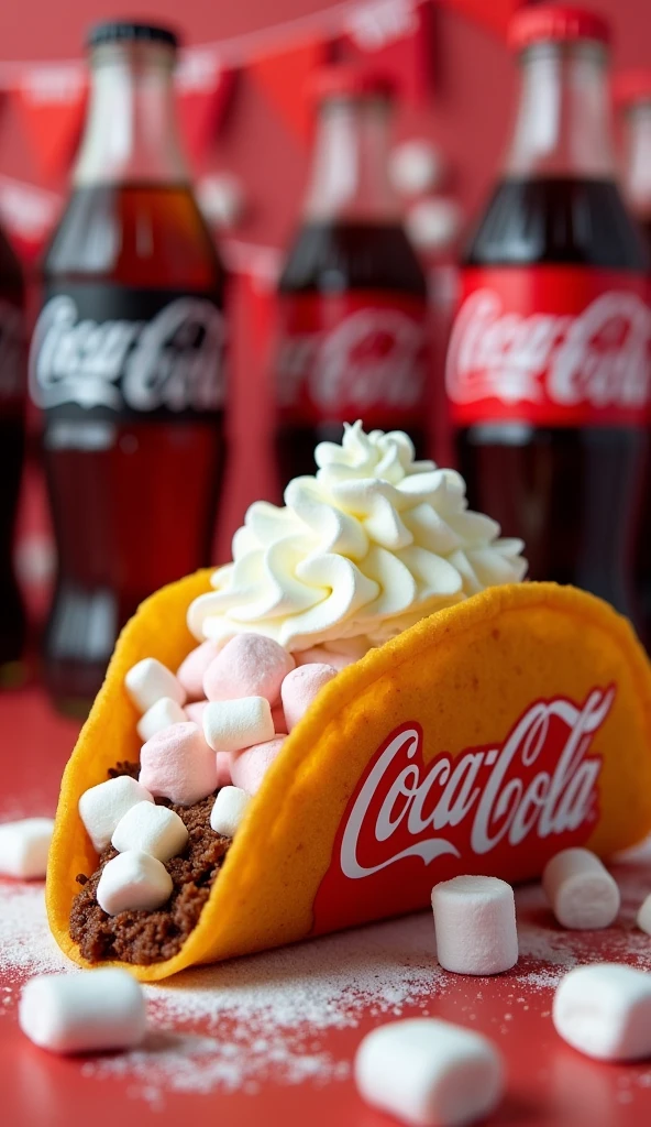 A sweet taco filled with marshmallows and whipped cream. The entire scene is Coca-Cola themed, with Coca-Cola branding on the taco shell, and a background of a vibrant Coca-Cola world with giant soda bottles and red banners.