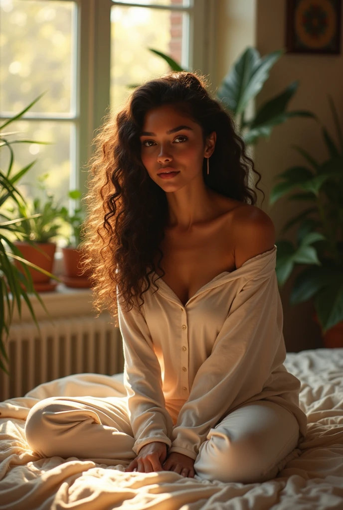 (photorealism:1.2), beautiful woman, sitting on bed, wearing loose off-shoulder top, pajama pants, long curly hair, indoors, soft lighting, plants in background, window with sunlight, cozy room, relaxed pose, realistic, intricate details, warm colors, by Greg Rutkowski, by Alphonse Mucha